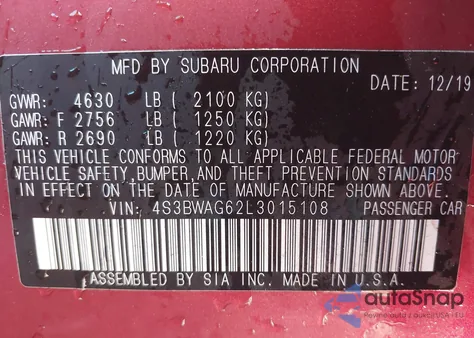 2020 Subaru Legacy Sport from USA, damaged, VIN 4S3BWAG62L3015108